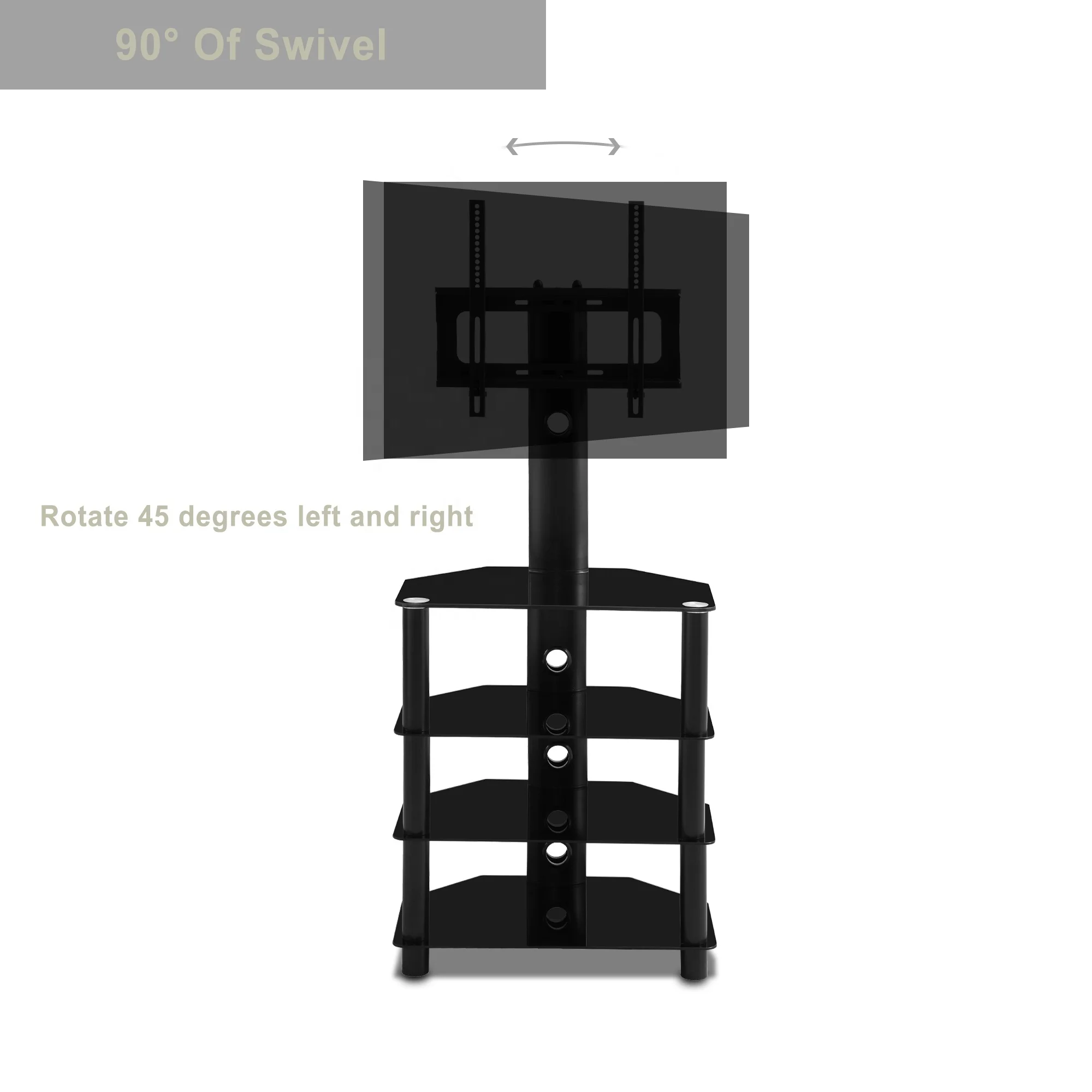 Black Multi-function Angle and height adjustable 4-Tier tempered glass metal frame Floor TV stand