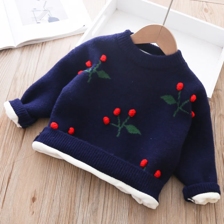 
Girls winter new style western pullover sweater round neck cherry plus velvet thick knitted bottoming shirt 