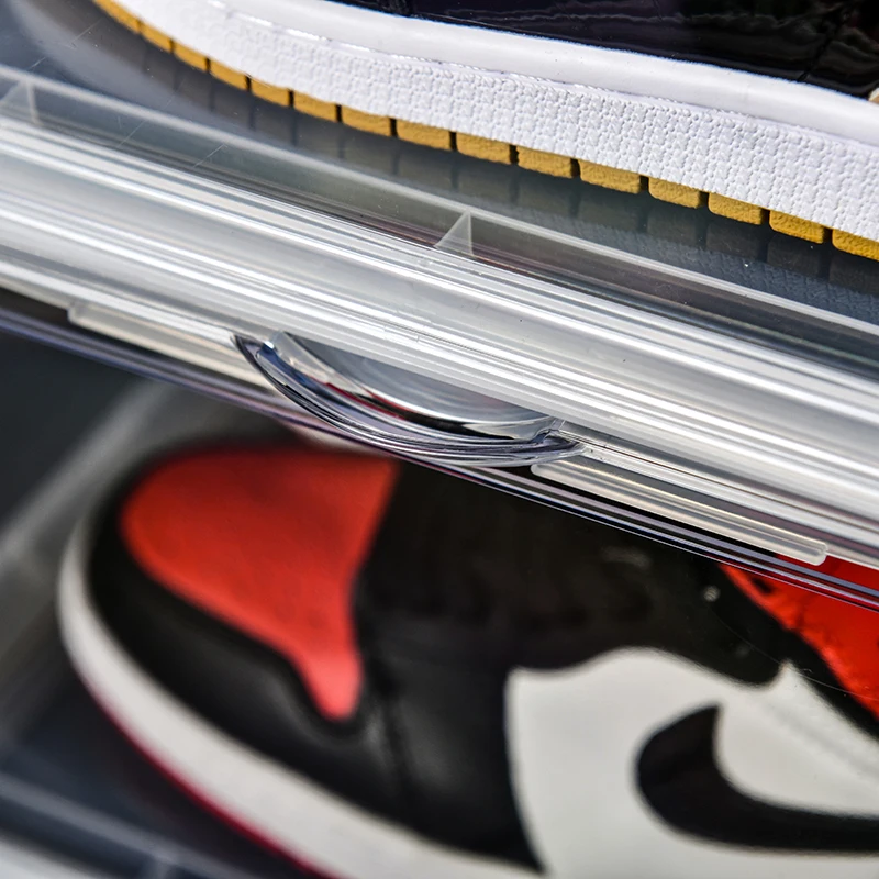 Custom Thicker Version High Transparent Plastic Clear PS Personalised Magnet Side Open Shoe Sneaker Box Shoe Storage