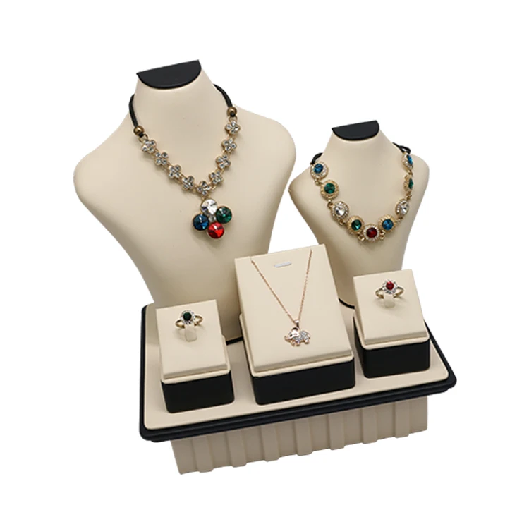 OEM LOGO Custom PU leather Insert Luxury Jewelry Shop Exhibitor Showcase Jewelry display Stand Set For Store