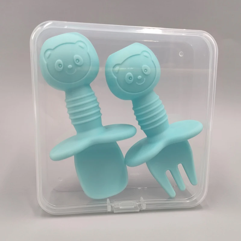 Wholesales Non-toxic  Food Grade Safety  Silicone  Baby Spoon and Fork Set for Kids