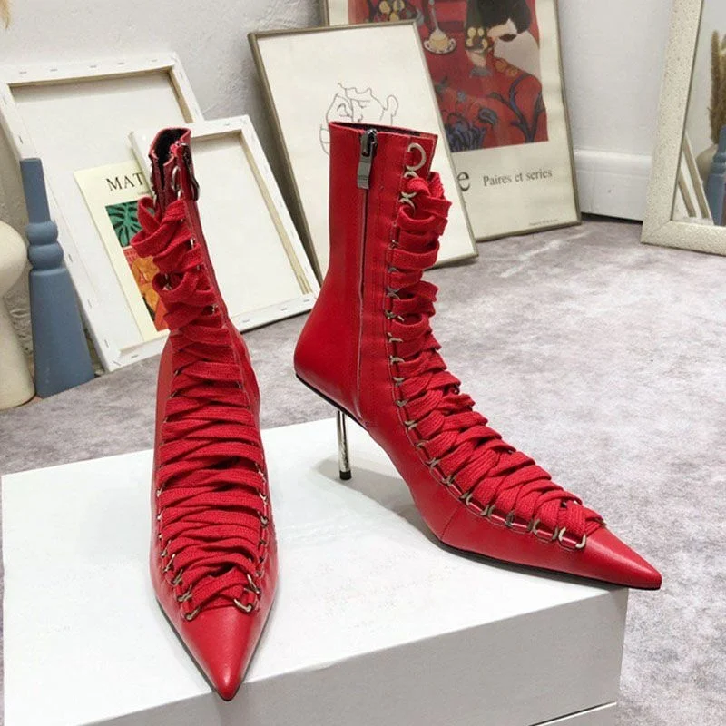 Top Selling Pointed-toe Stiletto Heel Pumps Shoes Women Lace-up Side Zipper Open Back Black Ankle Boots Shoes for Cool Girl