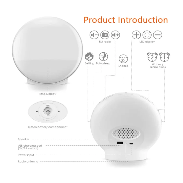 Hot Selling Snooze Atmosphere Alarm Clock 7 Natural Sound Charging Port Speaker Simulation Sunrise Snooze Radio Wake Up Light