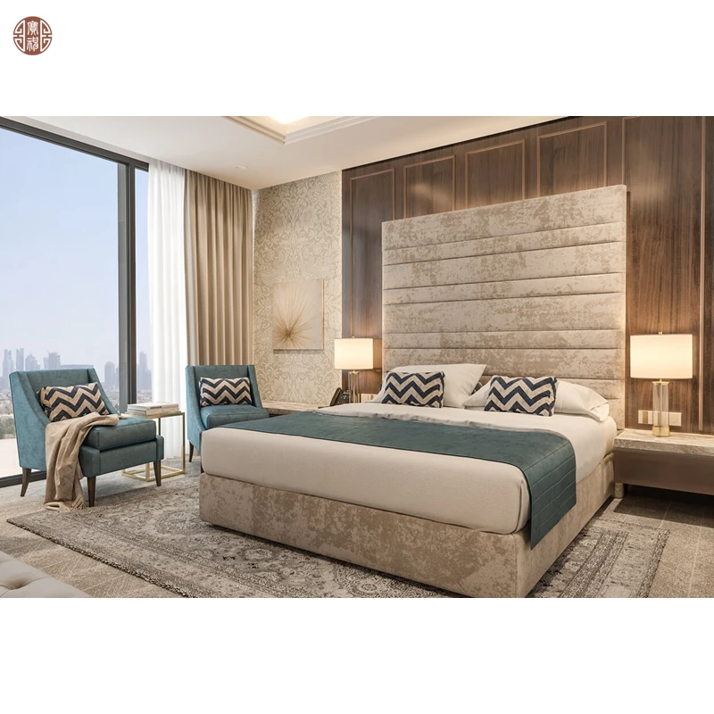 Modern Design Hotel Beds Set Wood Veneer Headboard With Upholstered In Quality Fabric
