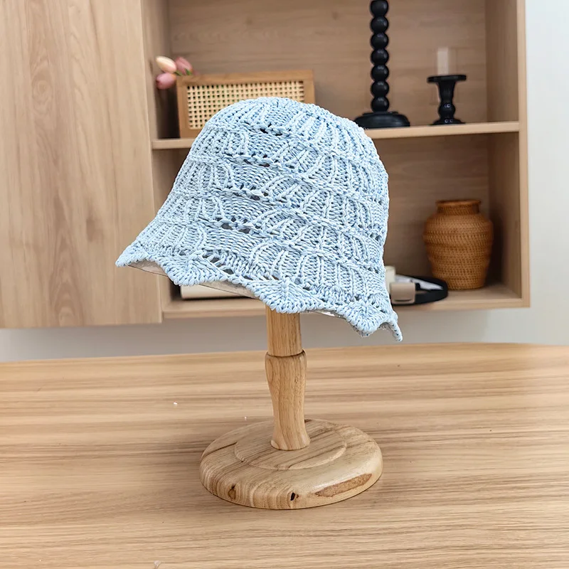 2024 Korean Fashion Summer New Solid Hollow Out Stripes Textured Woven Crochet Knitting Paper Straw Sun Beach Bucket Hat Ladies