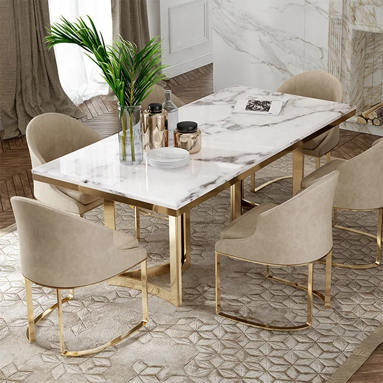 Modern luxury golden stainless steel marble top dining table set for dining room furniture