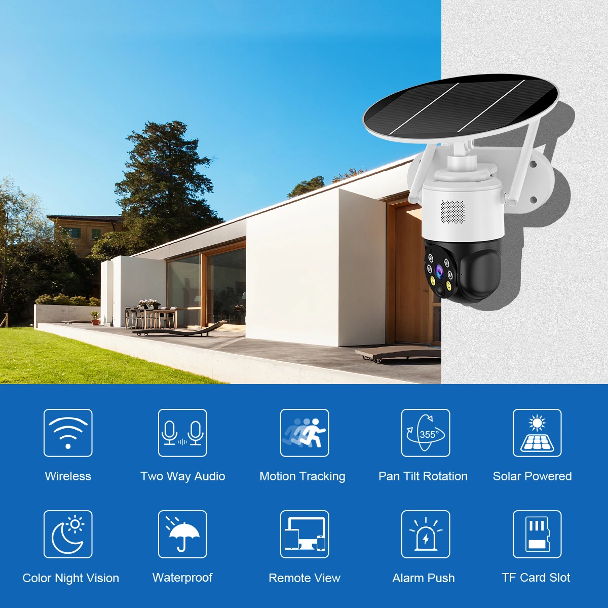 Wifi Camera 8W Solar Panel PTZ Camera Outdoor waterproof 2MP PIR Alarm Motion Detect CCTV Security Camera SD Card