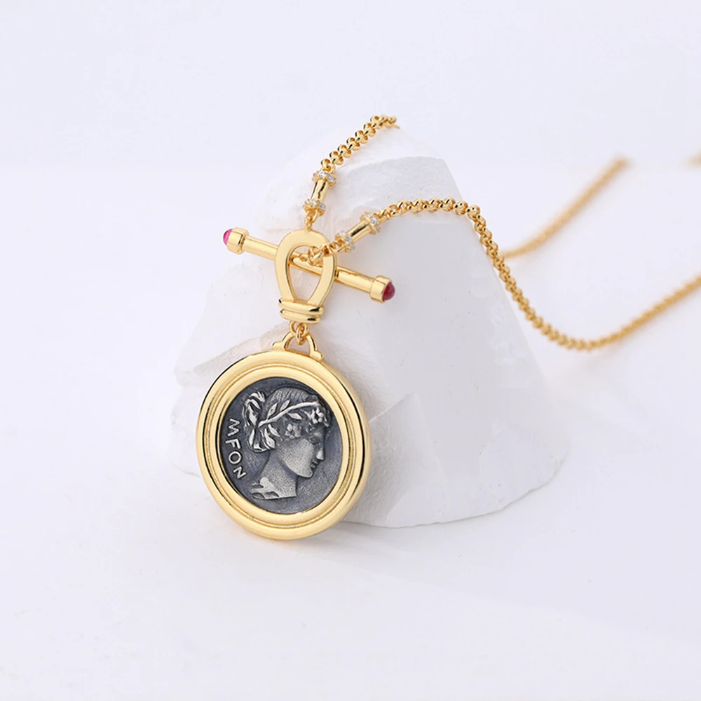 925 Sterling Silver Gold Plated Vintage Portrait Pendant Personality Ancient Coin Necklace