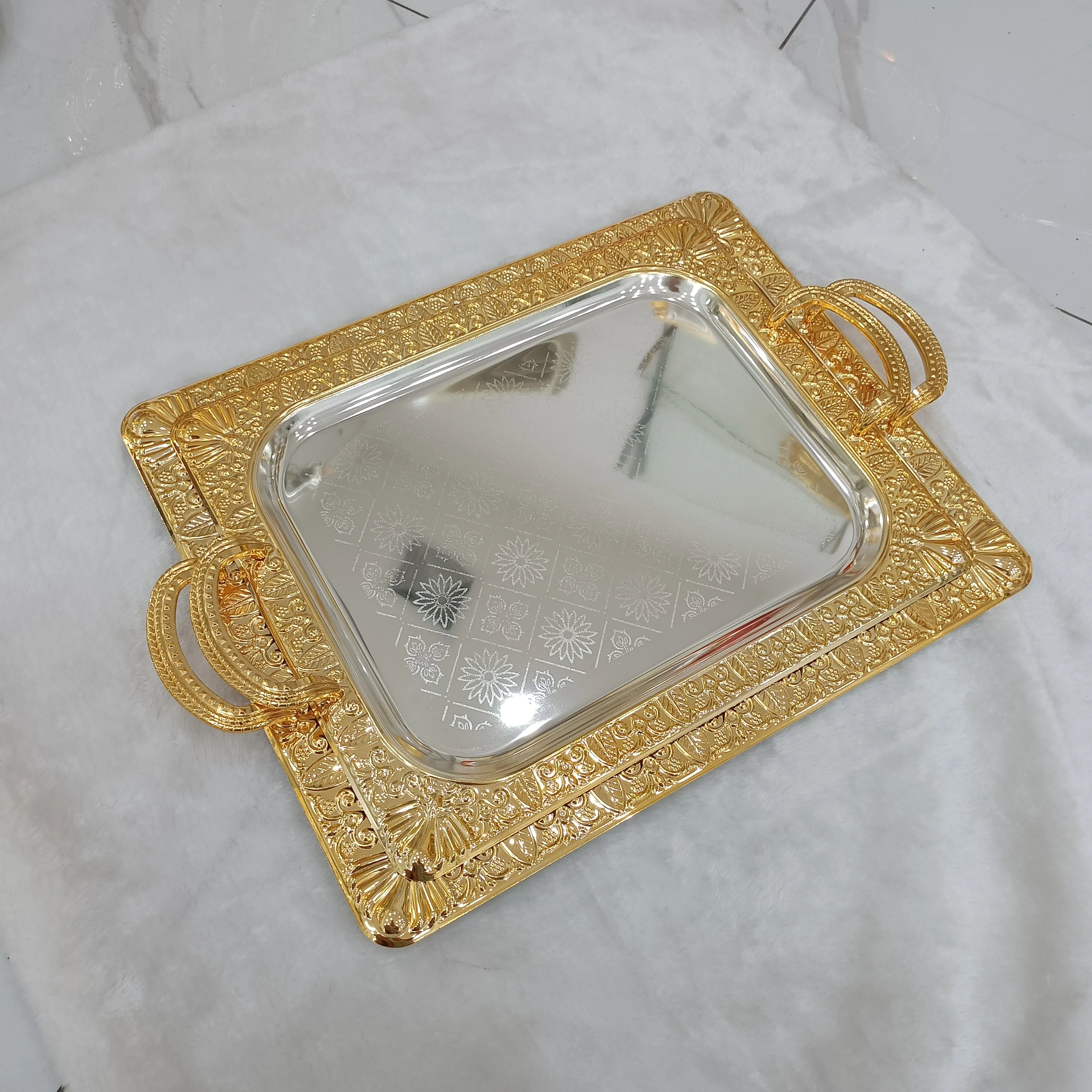 Metal Home Hotel Restaurant Middle East Serving Tray Stainless Steel Large Oval Mirror Gold Arabic Trays