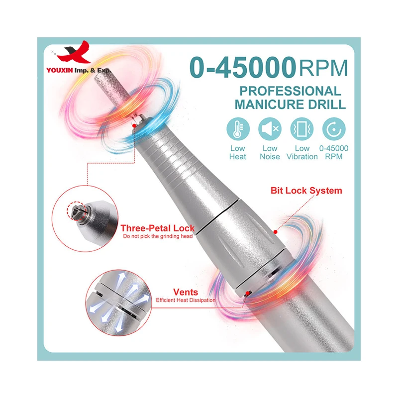 Factory OEM High Speed 45000rpm Cordless 2600mAh Portable Professional Rechargeable Nail Drill Machine for Nails