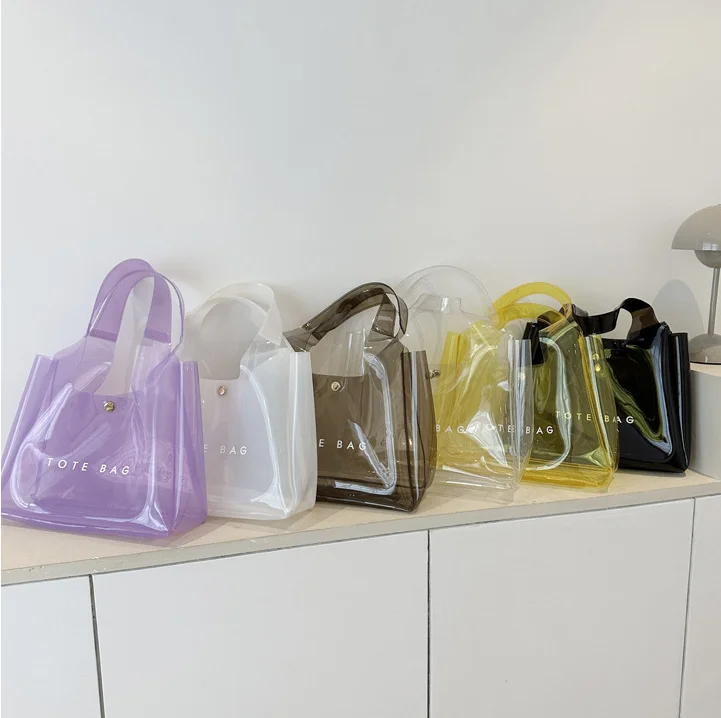 Cheap custom logo small size PVC 0.3mm candy color fashionable shopping weekend beach bag