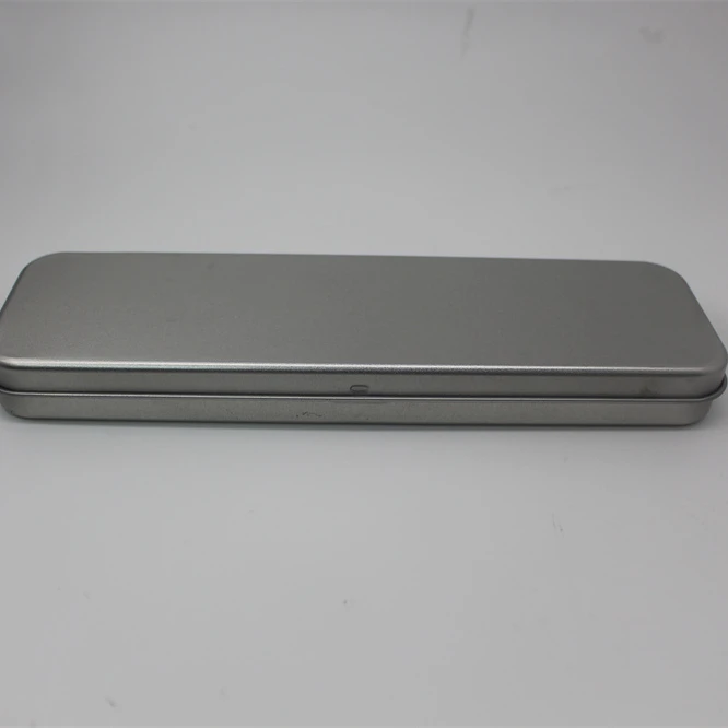 Pen Pencil Hold Custom Logo Empty Long Rectangular Oval Silver Hinged Metal Tin Box Containers