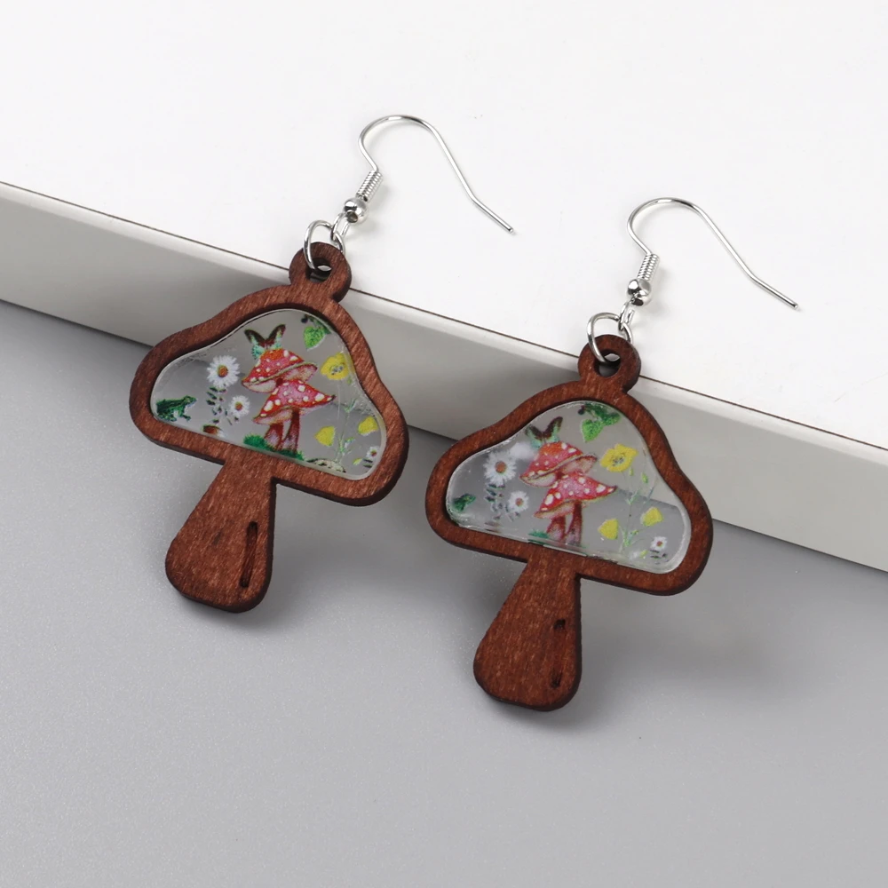 Cartoon Wood Mushroom Earrings Print Wholesale Wooden Original Forest Flowers Frog Mushroom Butterfly Clear Acrylic Custom FS