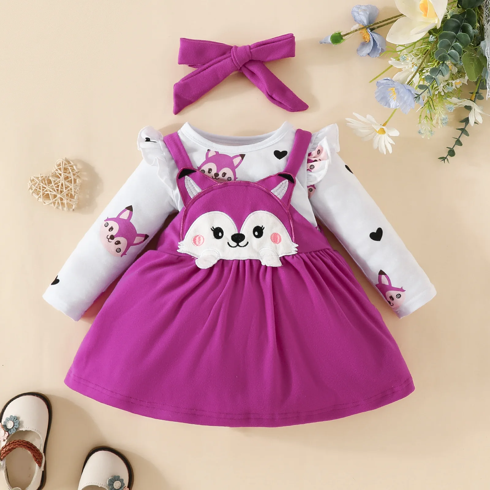 Cartoon Animals Long Sleeve Baby Dress 3PCS Overall Baby Romper and Dress Set