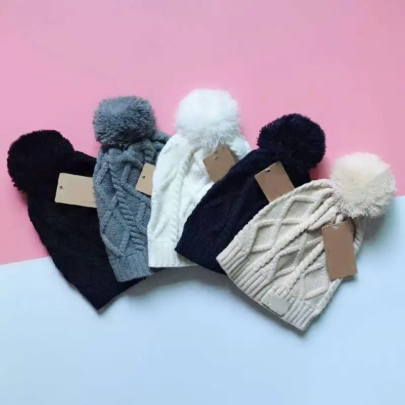 with tag package Women winter pom poms fur ball hat knitted beanies brand designer