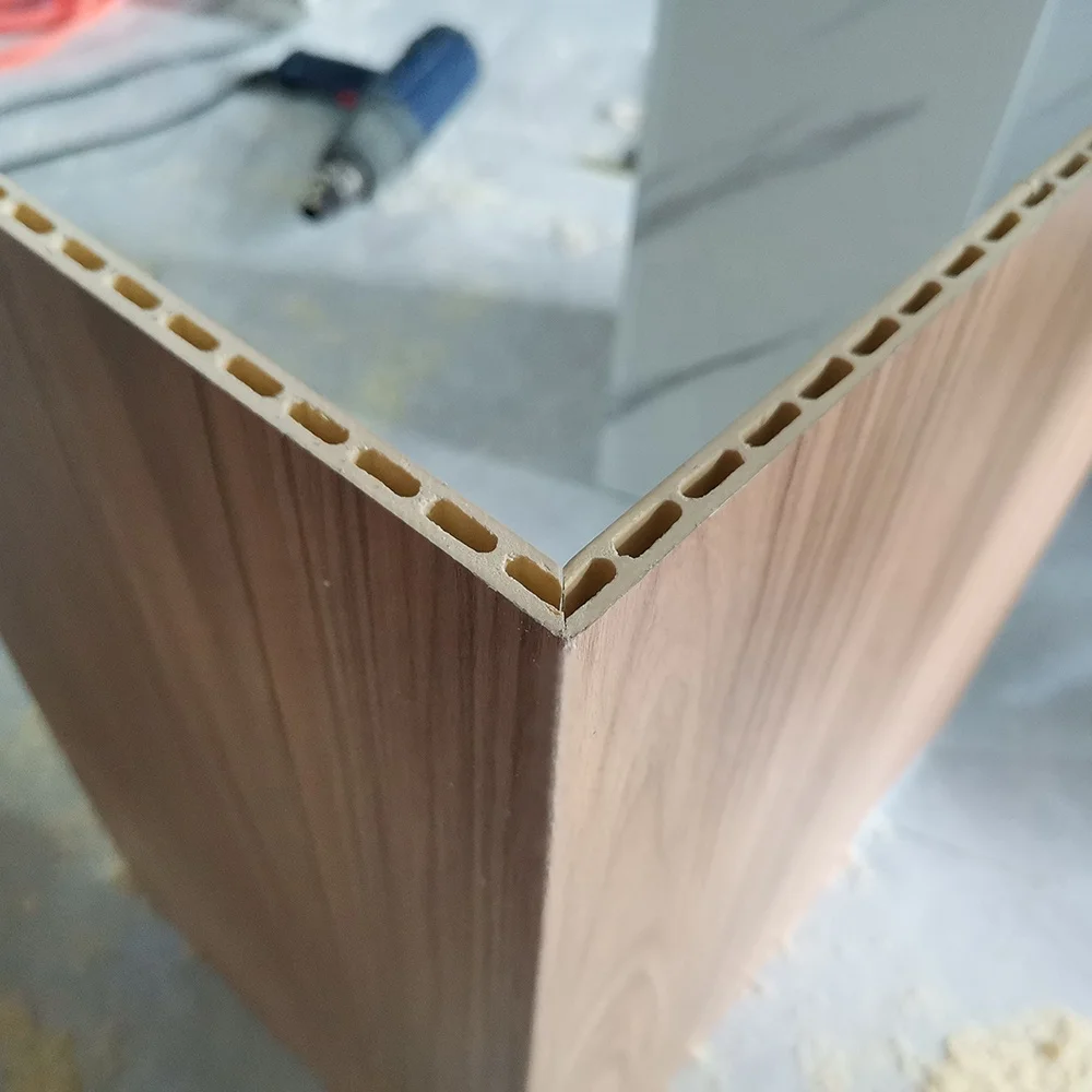 E0 Standard Indoor Bamboo Fiber Veneer Integrated Board 600mm Width Nontoxic WPC Hollow Flat Wall Panel Sheet For Decoration