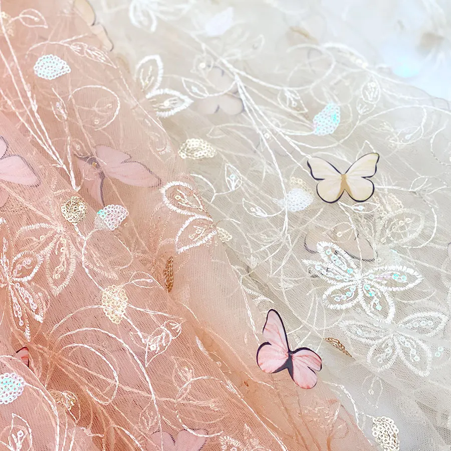 Factory Direct poly gold thread pink flower tulle faerie fairy lace skirt 3d butterfly embroidery mesh fabrics