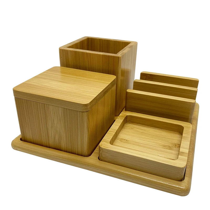 Бамбуковый Настольный органайзер, держатель для ручек, деревянное хранилище для настольных аксессуаров с 4 сменными держателями для дома и офиса