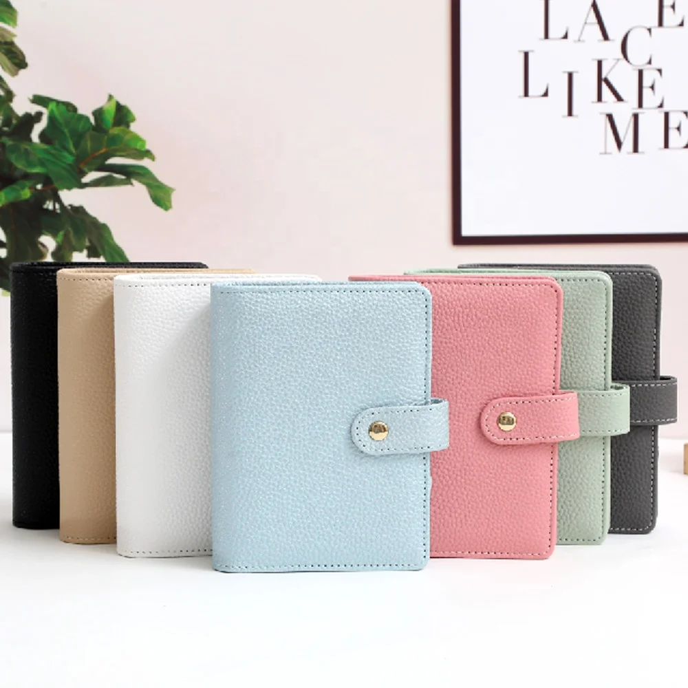 Ins Etsy FB TK Top Ranking Blue Green Black Grey Pink Beige A7 Gold 6 Ring Pebble Grain Leather Budget Binder with Gold Button