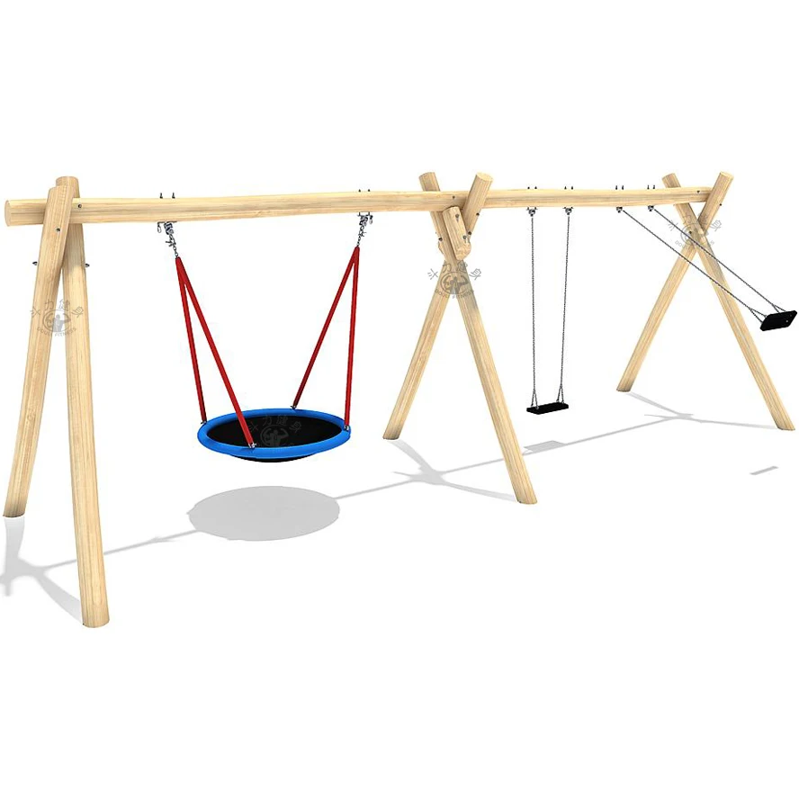 Dream outdoor triple round nature log combination swing set playground equipment with basket and flat seats for children