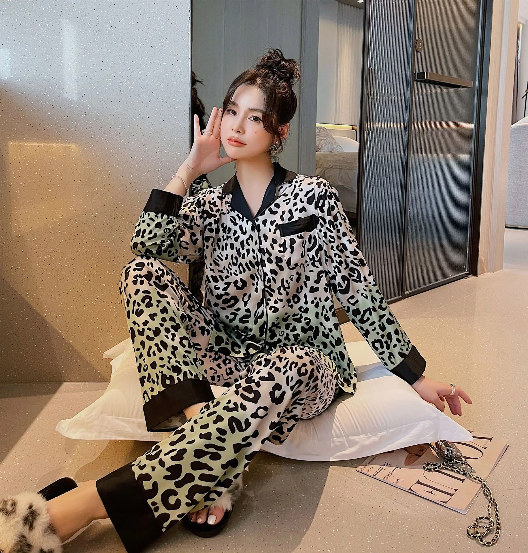 Satin Pyjamas Luxury Inspired Sexy Women 2022 New Arrivals Wholesale Home Wear Leopard Print Pajamas