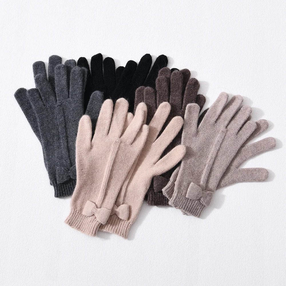 Оптовая продажа, Мягкие Рукавицы с полным пальцем и бантом, милые женские эластичные легкие женские кашемировые теплые вязаные перчатки с логотипом на заказ