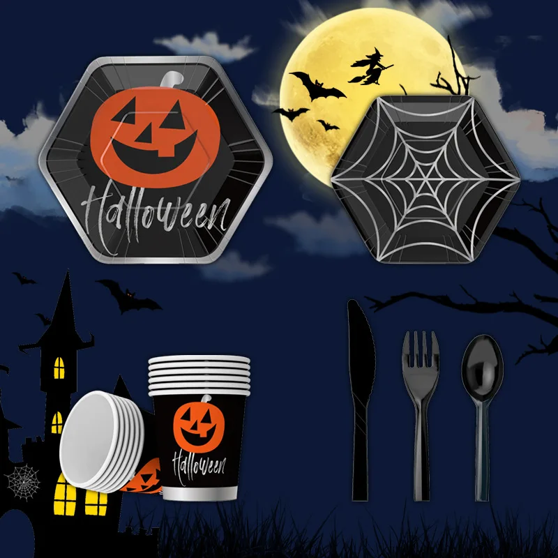 Halloween party decorative dinner plate pumpkin decorative paper plate cup fork
