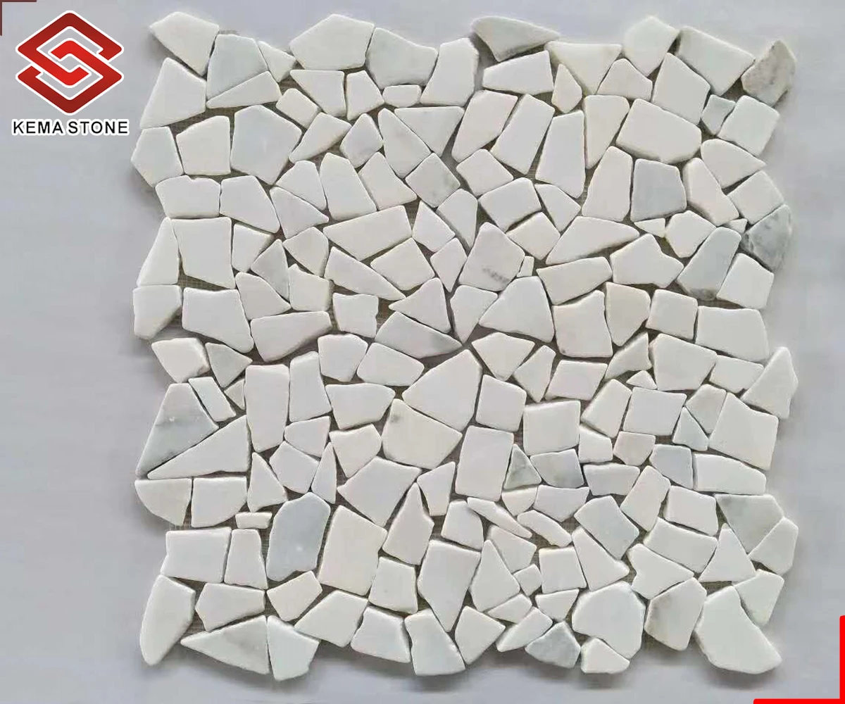 Tumbled Irregular Random Shape Broken Pieces White Marble Mosaic Tiles for Shop Floor
