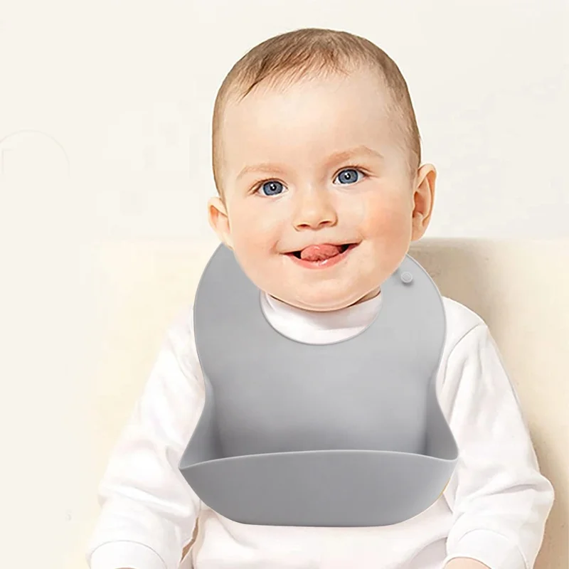 BPA Free Waterproof Silicone Baby Bib With with Food Catcher Silicone Baby Apron Bib
