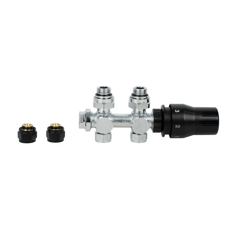 Lightweight Six-way Black Cover TRV Brass Temperature Control H Valve For Towel Radiator