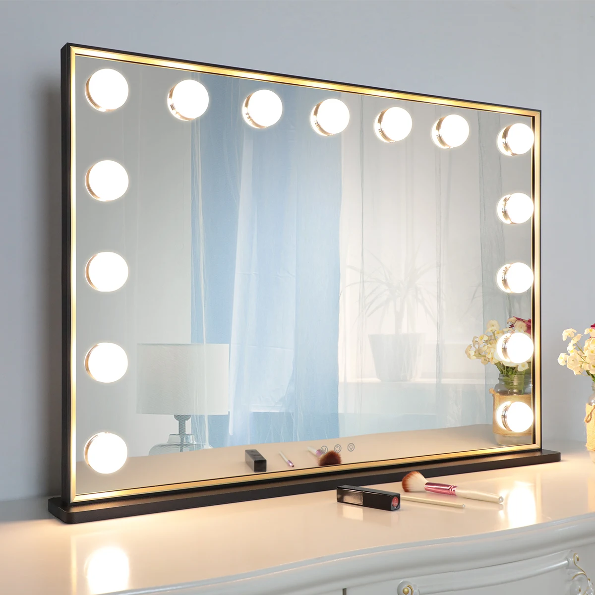 Black Gold Frame Tabletop Vanity Mirror with Lights 75x56cm Large Hollywood Lighted Makeup Mirror with Smart Touch Switch