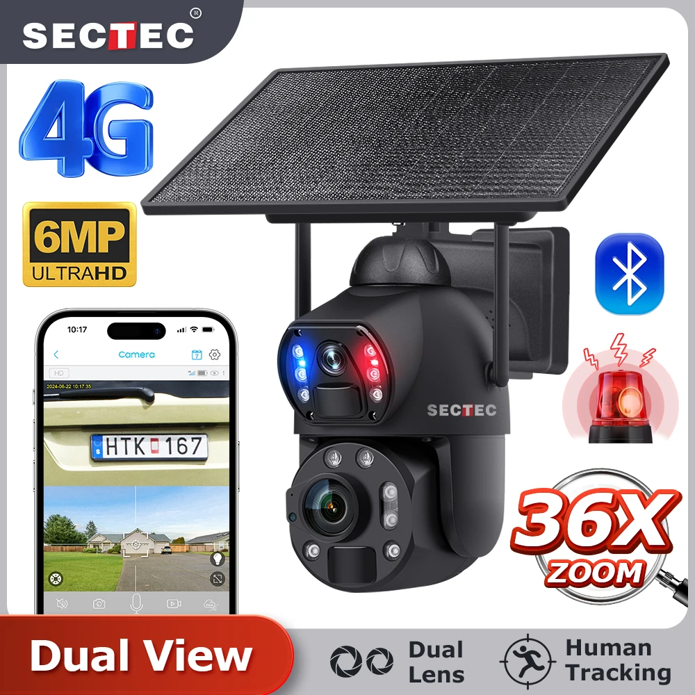 SECTEC 10W Dual Lens 36x zoom 6mp 3K 4G solar camera outdoor IP66 metal case ptz camera human detection security CCTV camera