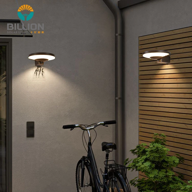 Круглая алюминиевая Современная дизайнерская Водонепроницаемая садовая лампа Уличный настенный светильник на солнечной батарее