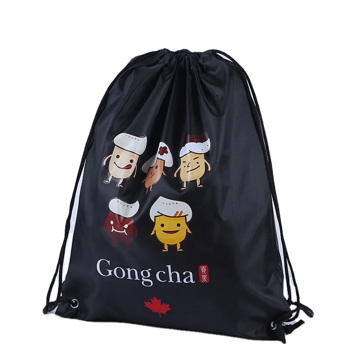 Custom printed black polyester drawstring bag promotional backpack