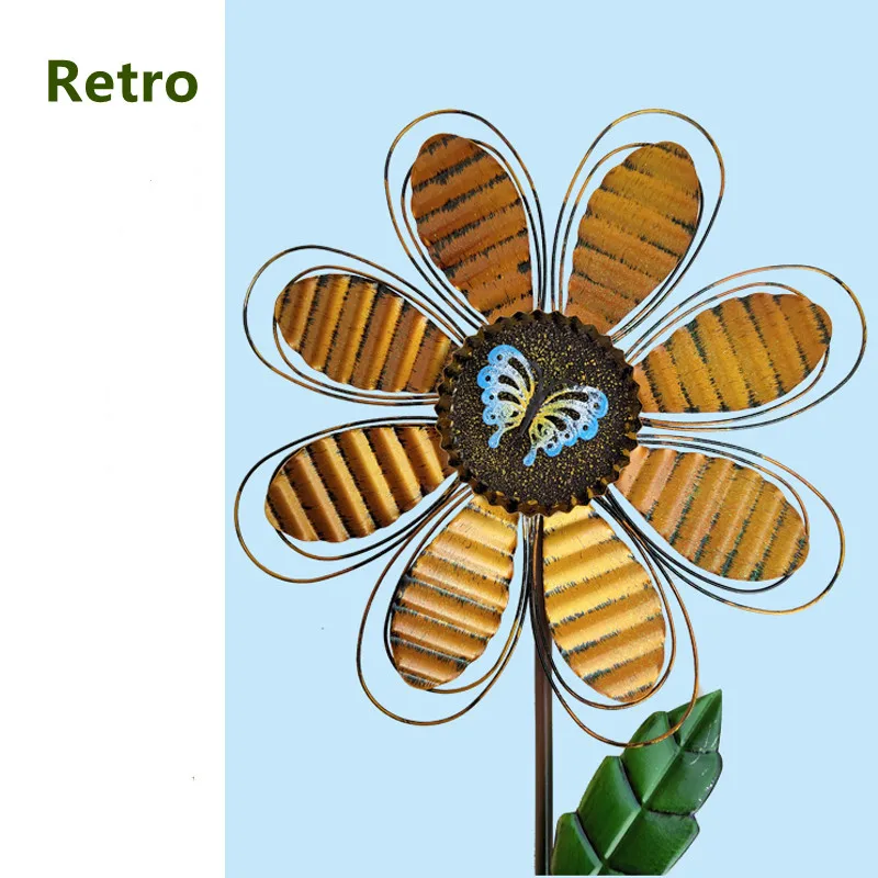 Flower With Insects Windmill Metal Rotating Flower Windmill With Stake Standing Lawn Flower Pinwheel Outdoor Garden Stakes Decor