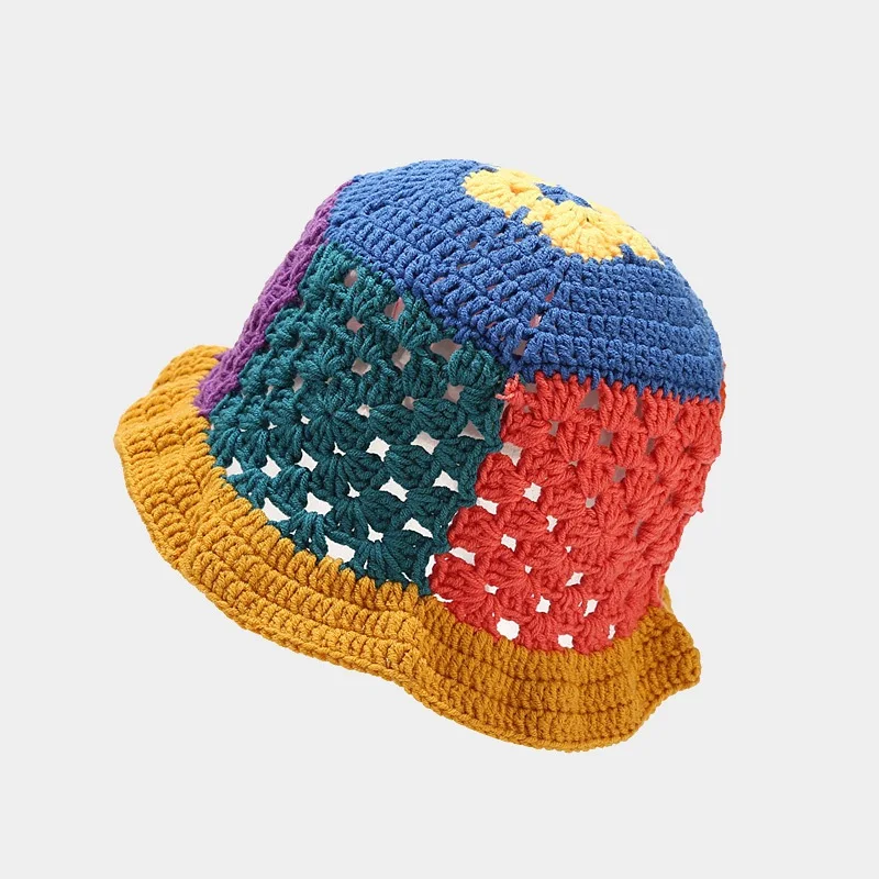 Fisherman Cap Round Brim Soft Summer Foldable Floral Custom Handmade Hollow Flower Floppy Women Wool Knitted Crochet Bucket Hat