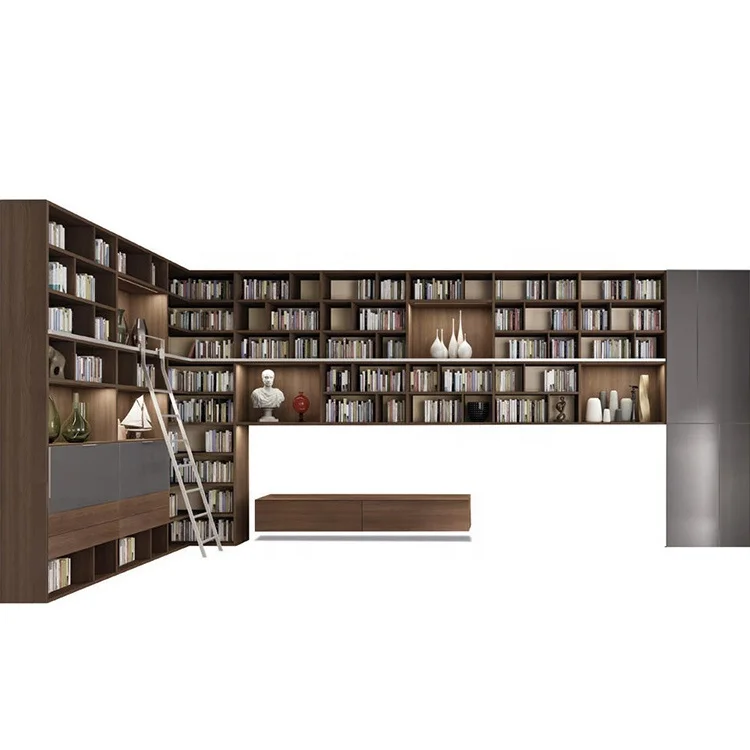 Luxury Living Room Bookcase Shelves with Floating TV Units in Wooden and Dark Gray