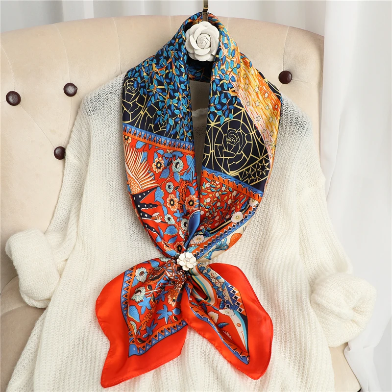 Brand Silk Twill Bandana Luxury Hand Rolled Silk Scarf Large Square Kerchief 90x90 Exquisite Tree Print Foulard Ladys Headband