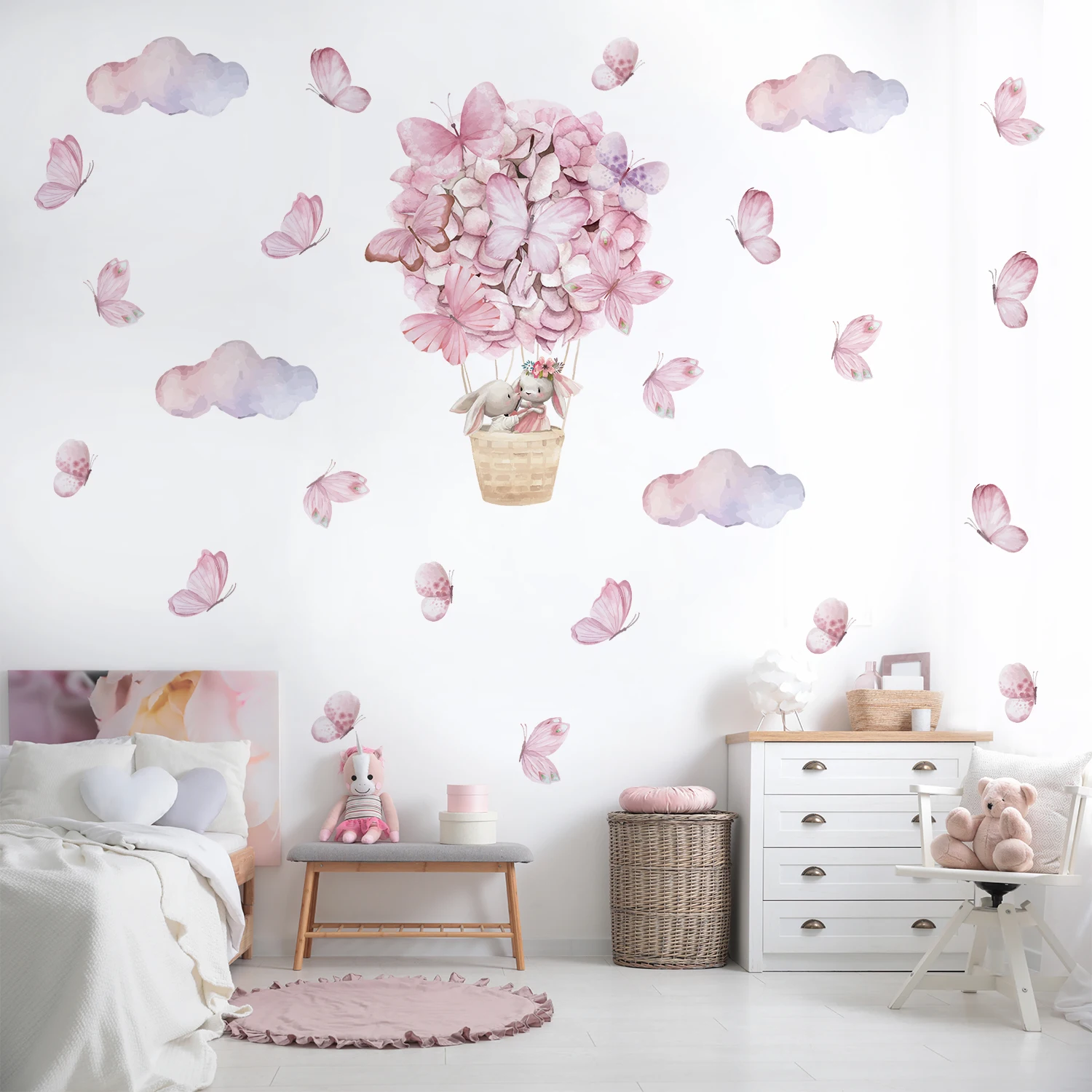 Funlife PY058 Pink hot air balloon cartoon butterfly flying and cute bunny nursery room wall sticker