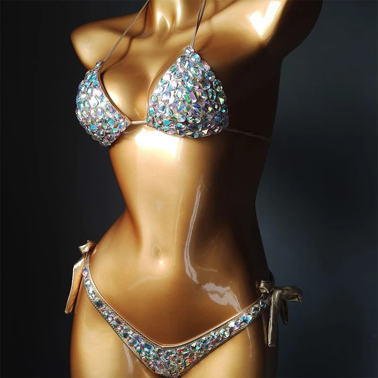European And American Style Fashion Sexy Women Bathing Suit Crystal AB Rhinestone Bikini Set For Summer Beach Swimwear Wholesale