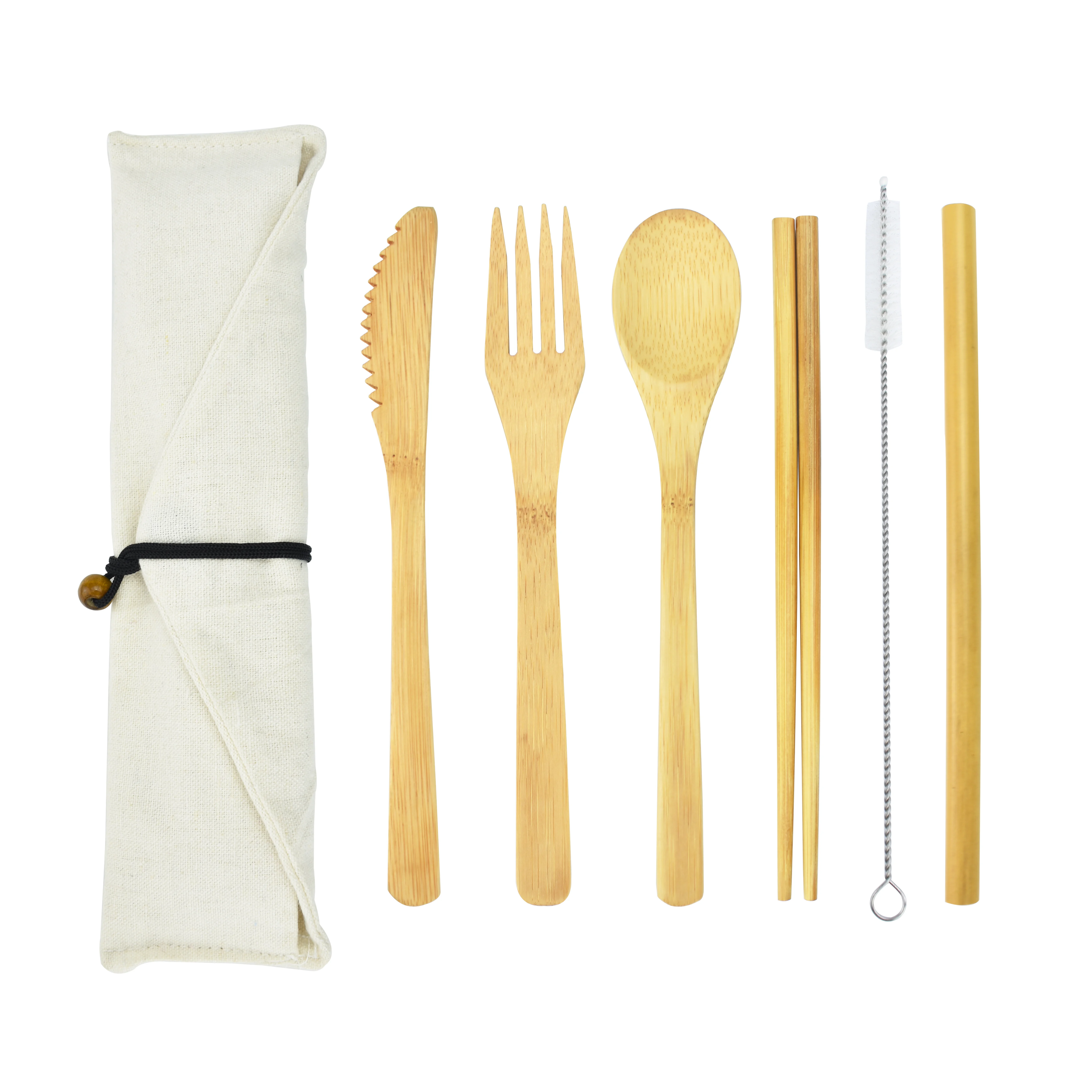 Hot Sale Reusable Natural Bamboo Knife Fork And Spoon Camping Portable Bamboo Cutlery Set With Bag