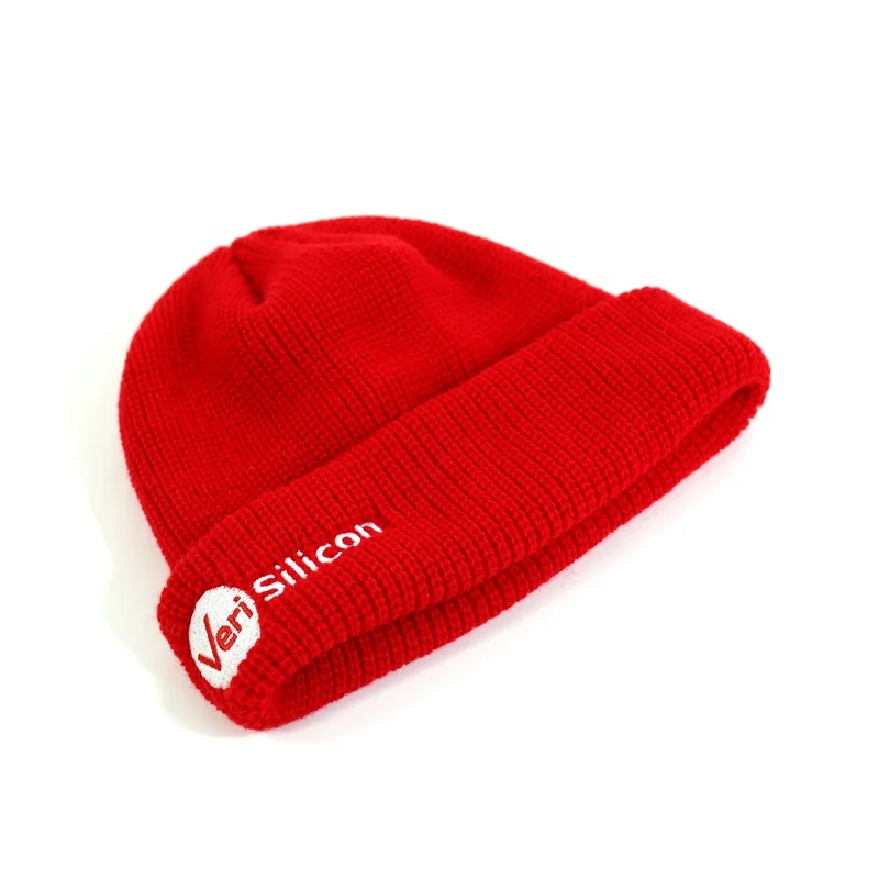 Snug And Warm Scarlet Red Knitted Winter Hat Embroidery Custom Logo Beanie