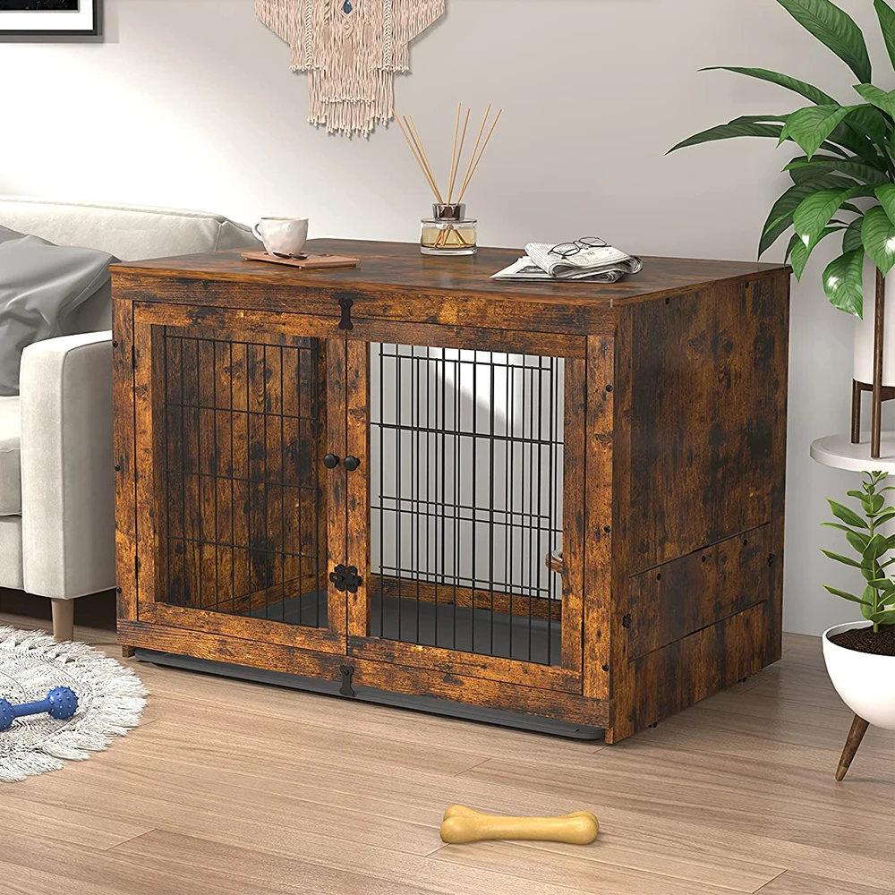 Pet Friendly Furniture Comfortable Dog Cottage Dog Crate End Table with Feeder Puppy Bed House