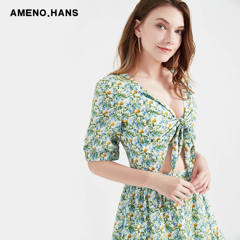 2022 new design green Ladies Korean Smart Casual Dress sweet print dresses