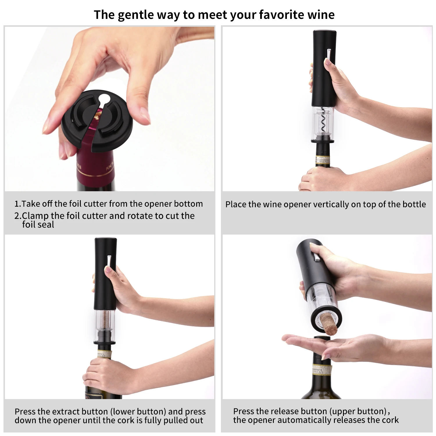 
Electric wine bottle opener Used to Open Wine Bottles by Waiters, Sommelier and Bartenders with 4 new AA batteries Electric wine bottle opener Used to Open Wine Bottles by Waiters, Sommelier and Bartenders with 4 new AA batteries