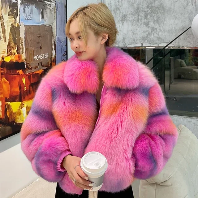 Custom Wholesale Women Real greenfox fur coat Natural Fox Fur Jacket Stand Collar Coat Fluffy Vest Girl Fur Coat