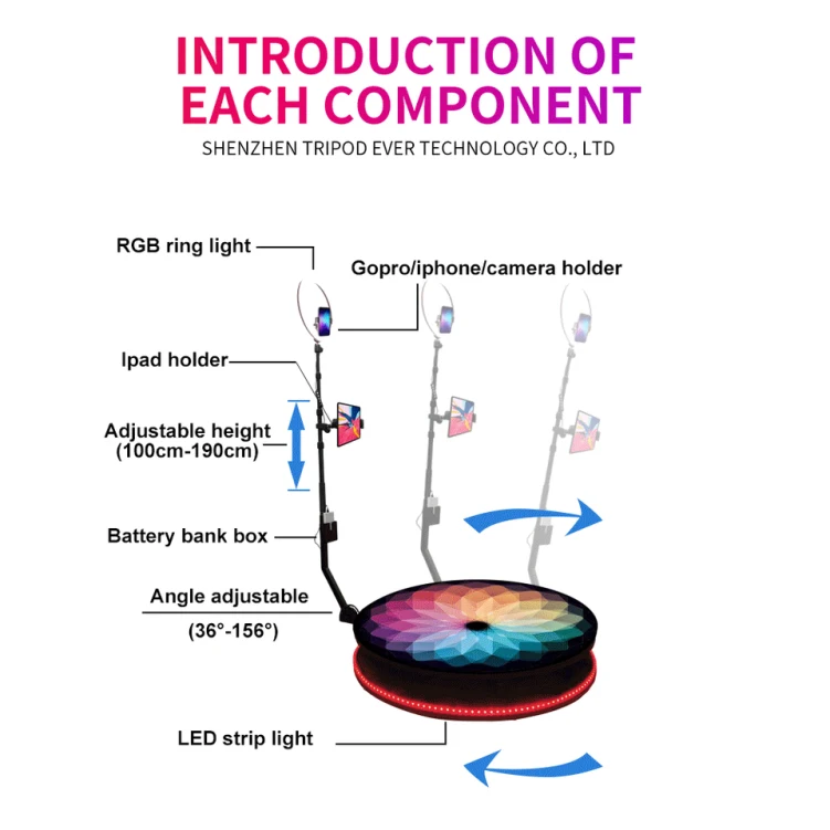 GOGO Stage Lighting Color Stand 360 Photo Booth Rotary Dance Stick Fotografia Camera Point Jump Photography Platform