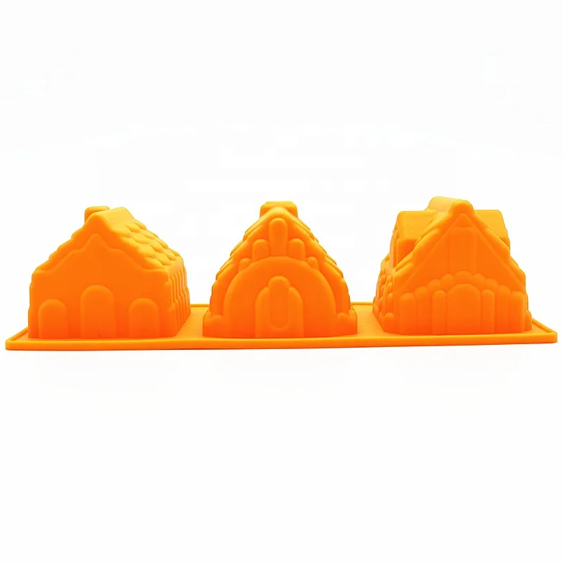 Non stick house shape 3 cavity silicone cake soap baking molds for cupcake candy jerry pudding chocolate