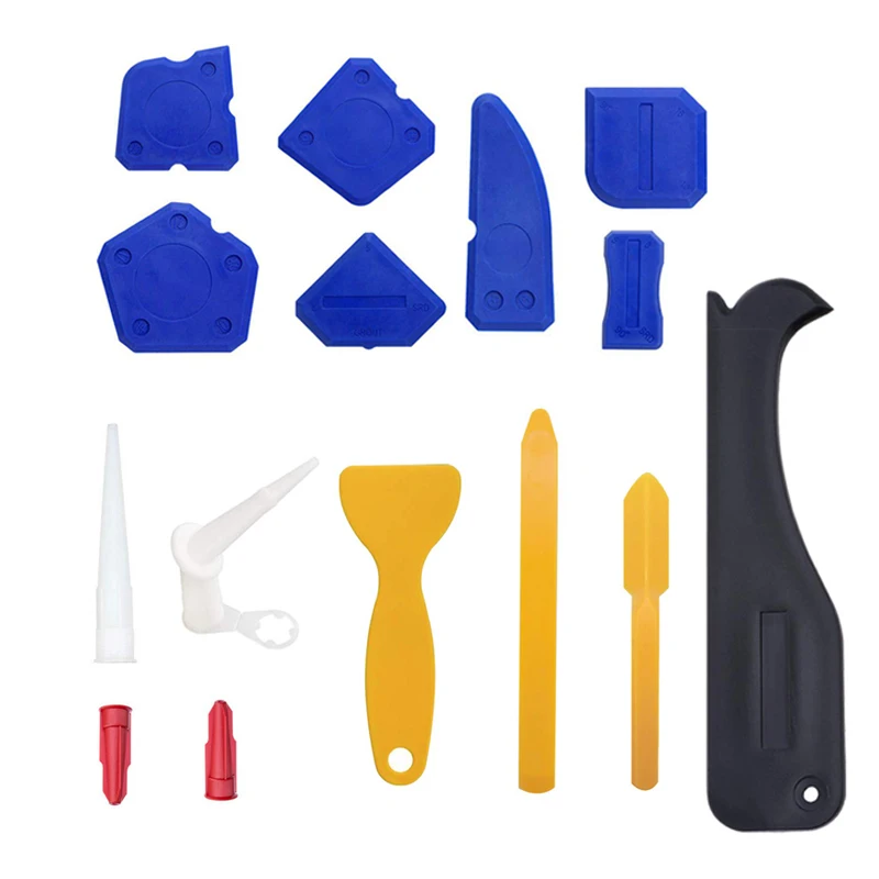 15 Pcs Caulking Tool Kit Silicone Sealant Finishing Tool Grout Scraper With Multi Purpose Caulk Caps Remover/ Nozzle Applicator