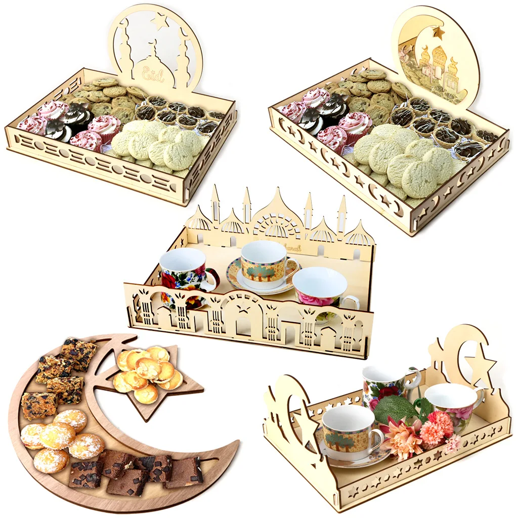 2022 Wooden decoration Eid Mubarak Ramadan Kareem Gul Bong/table decoration dessert tray crafts wholesale pallet